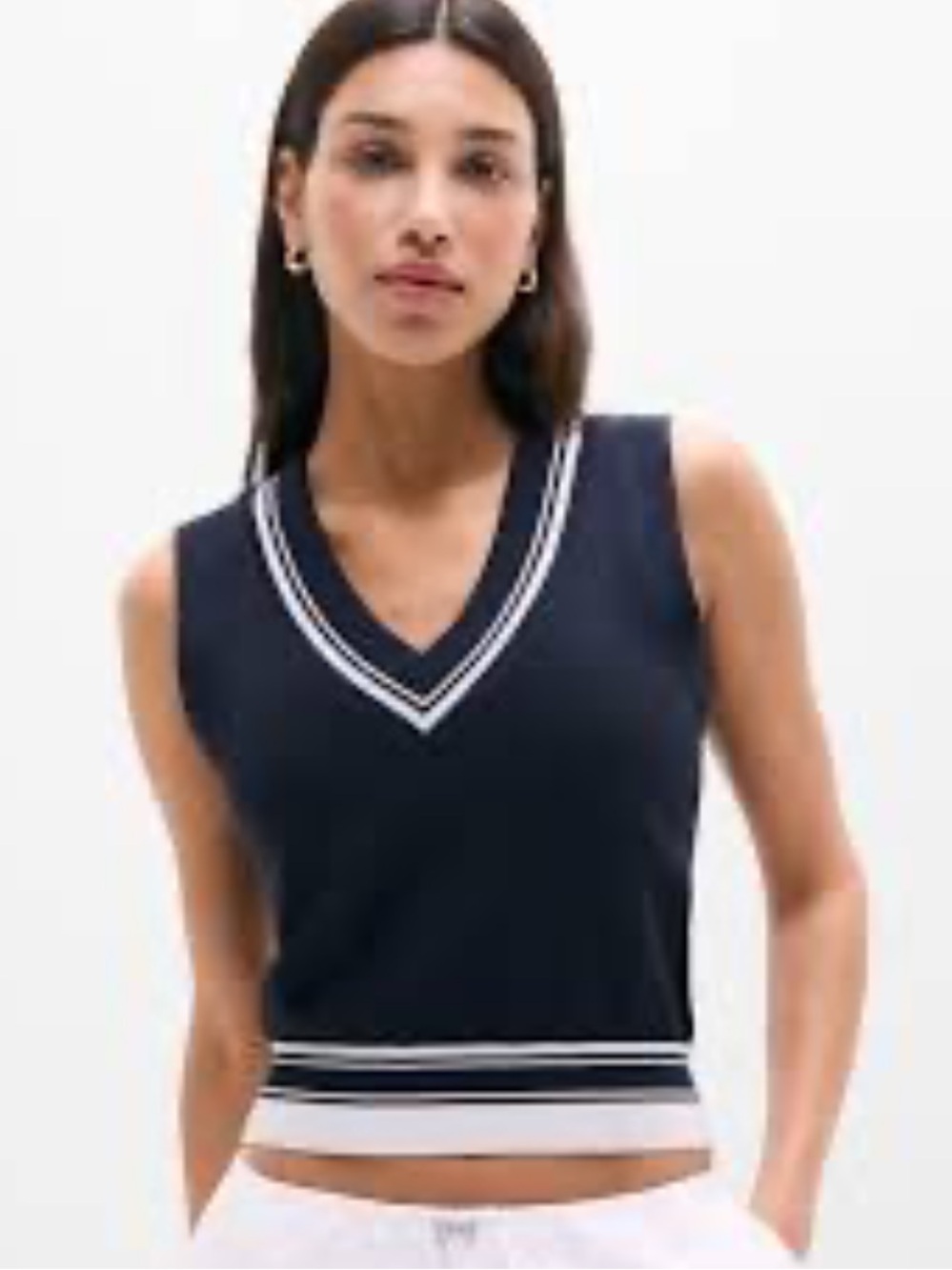 Athleta Sleeveless V-Neck Knit Vest - Navy with White Trim Sz Medium NWOT